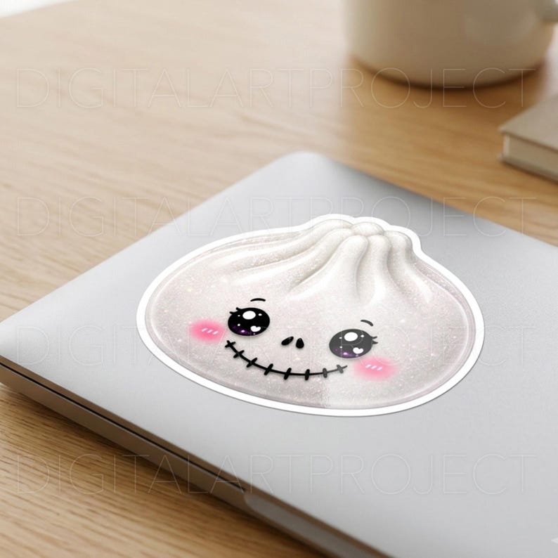 May include: A white, glittery dumpling sticker with a cartoon face featuring large black eyes with white highlights, pink cheeks, and a stitched mouth. The dumpling has a rounded shape with pleated top details, presented as a die-cut adhesive decal.