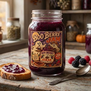 May include: A clear glass jar filled with dark purple berry jam featuring a vintage-style label that reads Boo Berry Jam, Sweet Enough to Scare the Spirits!, and 20c x jar. A slice of toasted bread with jam and a silver spoon are placed nearby.