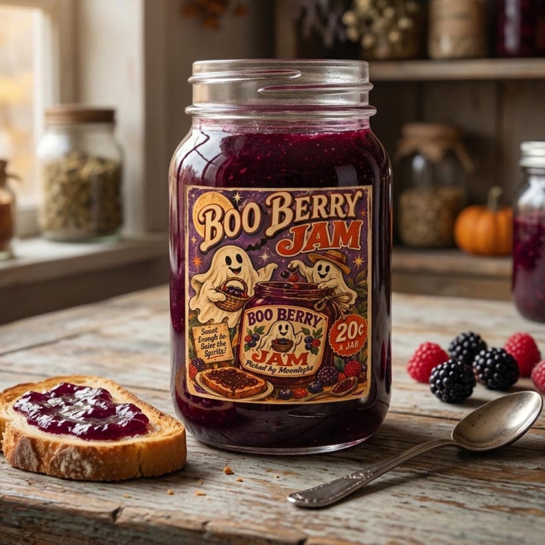 May include: A clear glass jar filled with dark purple berry jam featuring a vintage-style label that reads Boo Berry Jam, Sweet Enough to Scare the Spirits!, and 20c x jar. A slice of toasted bread with jam and a silver spoon are placed nearby.