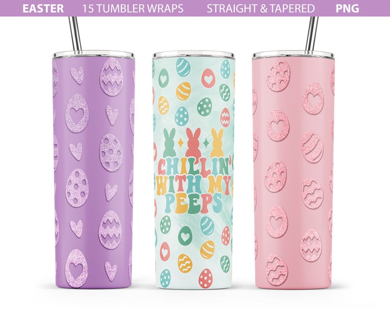 May include: Three stainless steel tumblers with different Easter-themed designs. The first tumbler is purple with a pattern of hearts and eggs. The second tumbler is white with a blue watercolor background and a pattern of eggs, bunnies, and the text "Chillin' with my peeps". The third tumbler is pink with a pattern of hearts and eggs.