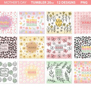 May include: Twelve designs for a 20 ounce tumbler featuring various patterns and text. The designs include hearts, butterflies, flowers, and the words "Mama" and "Loved".