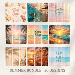 Puede incluir: Una colecci&oacute;n de 50 dise&ntilde;os de vasos con tem&aacute;tica de verano. Los vasos presentan varias escenas de playa, incluyendo puestas de sol, palmeras y olas del oc&eacute;ano. Algunos vasos tienen texto como "Shell Yeah", "Beach More, Worry Less", "Beach Please", "Sun Drinks Repeat" y "Good Vibes Only".