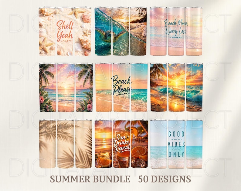 Puede incluir: Una colecci&oacute;n de 50 dise&ntilde;os de vasos con tem&aacute;tica de verano. Los vasos presentan varias escenas de playa, incluyendo puestas de sol, palmeras y olas del oc&eacute;ano. Algunos vasos tienen texto como "Shell Yeah", "Beach More, Worry Less", "Beach Please", "Sun Drinks Repeat" y "Good Vibes Only".