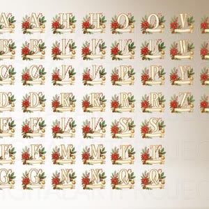 May include: A collection of Christmas-themed alphabet letters, each letter is gold with festive red poinsettias, green foliage, candy canes, and gold ornaments. Each letter is set on a decorative banner.