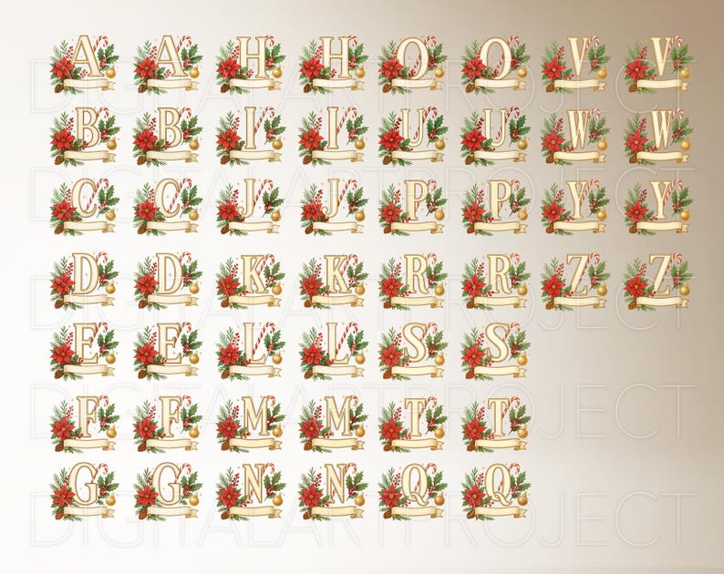 May include: A collection of Christmas-themed alphabet letters, each letter is gold with festive red poinsettias, green foliage, candy canes, and gold ornaments. Each letter is set on a decorative banner.