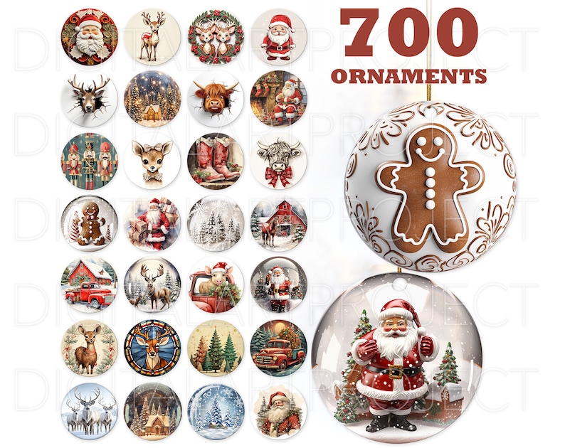 Puede incluir: Una colecci&oacute;n de 700 adornos navide&ntilde;os con varios dise&ntilde;os festivos. Los adornos incluyen im&aacute;genes de Pap&aacute; Noel, renos, escenas nevadas y un hombre de jengibre. Los adornos son redondos y tienen una variedad de colores, incluyendo rojo, blanco y verde.