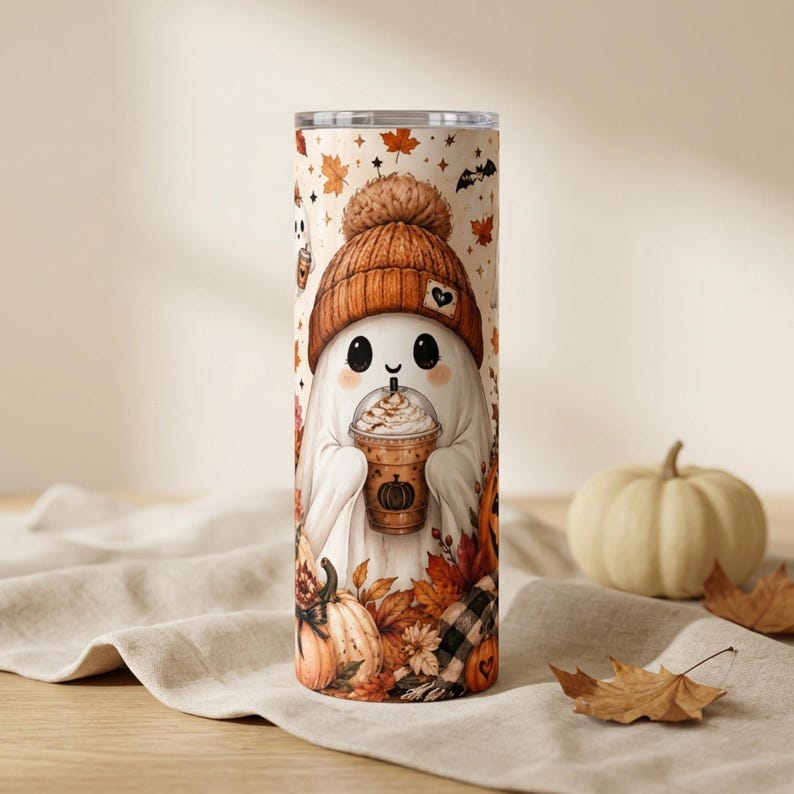 May include: A cylindrical tumbler featuring a white ghost character wearing a brown knit beanie and holding a plastic cup with a whipped cream topping. The design includes orange and brown autumn leaves, small pumpkins, and bats on a cream background.