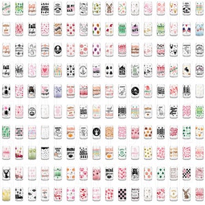 May include: A collection of 100 different designs for sublimation on a white can. The designs include various patterns, colors, and text, such as "fall vibes", "mama", "mini spice", and "jolly".