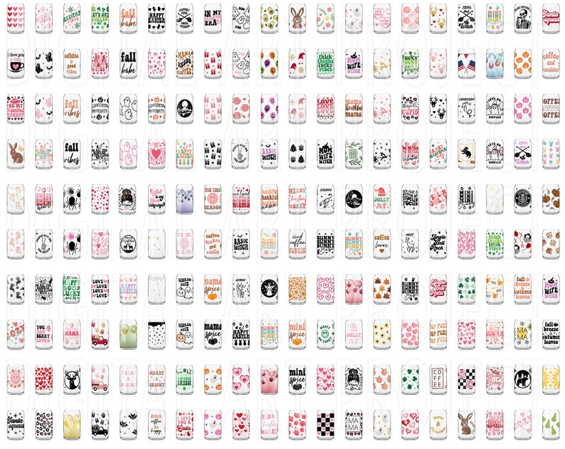 May include: A collection of 100 different designs for sublimation on a white can. The designs include various patterns, colors, and text, such as "fall vibes", "mama", "mini spice", and "jolly".