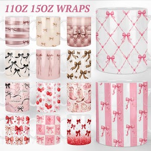 Peut inclure: Collection de tasses en céramique blanche avec divers motifs, notamment des nœuds, des rayures et des motifs. Les tasses présentent des couleurs rose, noir et neutre. Le texte "11OZ 15OZ WRAPS" est en haut.