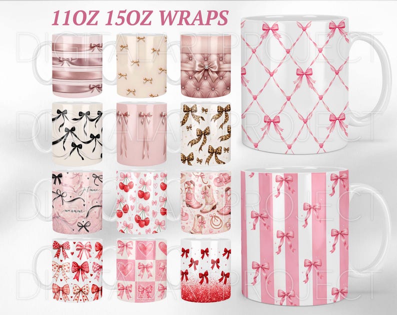 K&ouml;nnte beinhalten: Eine Sammlung wei&szlig;er Keramikbecher mit verschiedenen Designs, darunter Schleifen, Streifen und Muster. Die Becher haben rosa, schwarze und neutrale Farbschemata. Der Text "11OZ 15OZ WRAPS" befindet sich oben.