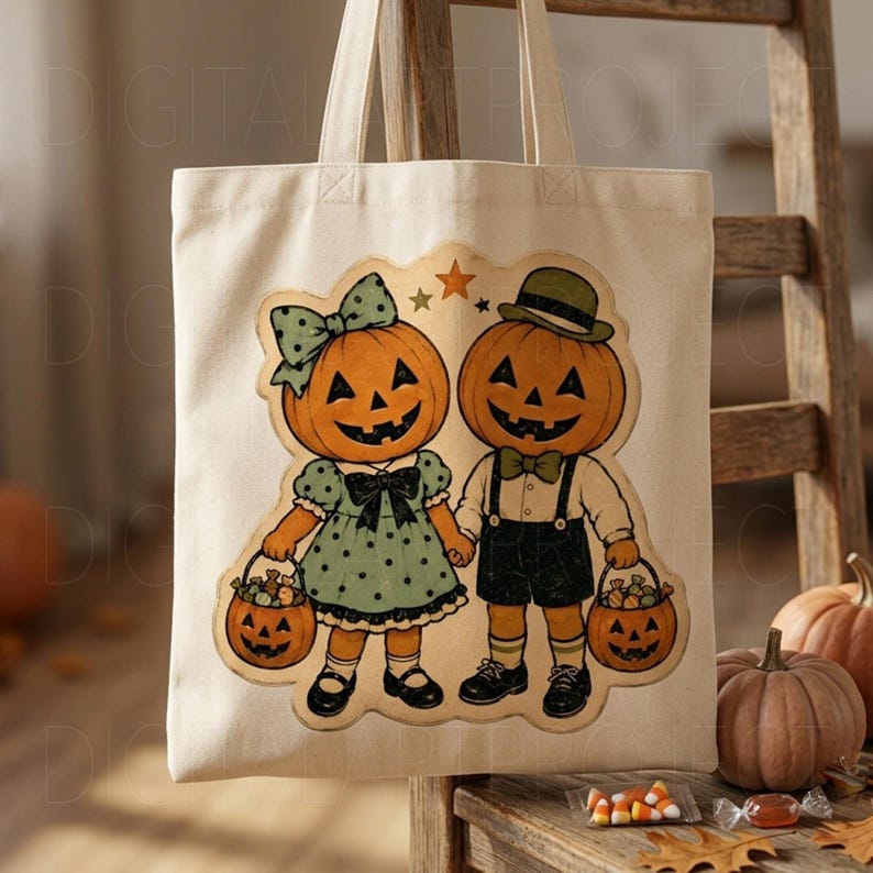 May include: A cream-colored canvas tote bag featuring a graphic of two pumpkin-headed figures holding small jack-o'-lantern buckets. The figure on the left wears a green polka-dot dress with a bow, while the figure on the right wears a hat and suspenders.