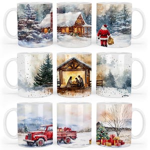 May include: Set of 8 white ceramic mugs with Christmas-themed illustrations. The mugs feature scenes of a snowy cabin, a nativity scene, a winter forest, and a red truck with a Christmas tree.