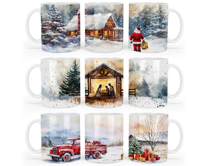 May include: Set of 8 white ceramic mugs with Christmas-themed illustrations. The mugs feature scenes of a snowy cabin, a nativity scene, a winter forest, and a red truck with a Christmas tree.