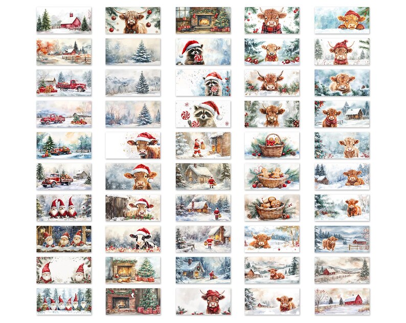 May include: A set of 24 Christmas cards featuring watercolor illustrations of a winter scene with a red truck, a farmhouse, and a cow wearing a Santa hat. The cards are perfect for sending holiday greetings to friends and family.