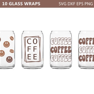 May include: Set of four glass can wraps with different designs. The first wrap features a pattern of brown coffee beans and smiley faces. The second wrap has the word "COFFEE" written in a brown box. The third and fourth wraps feature the word "COFFEE" written in a retro font.