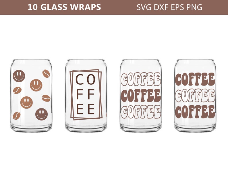 May include: Set of four glass can wraps with different designs. The first wrap features a pattern of brown coffee beans and smiley faces. The second wrap has the word "COFFEE" written in a brown box. The third and fourth wraps feature the word "COFFEE" written in a retro font.