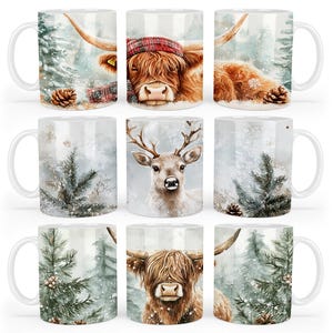 May include: Set of 6 white ceramic mugs with winter-themed designs. Each mug features a different animal, including a highland cow, a deer, and a pine tree. The mugs are perfect for hot beverages and add a touch of festive cheer to any kitchen.