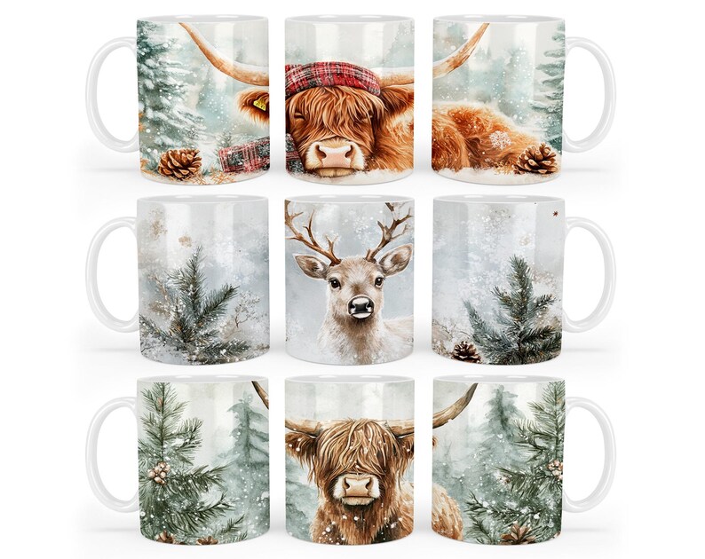 May include: Set of 6 white ceramic mugs with winter-themed designs. Each mug features a different animal, including a highland cow, a deer, and a pine tree. The mugs are perfect for hot beverages and add a touch of festive cheer to any kitchen.