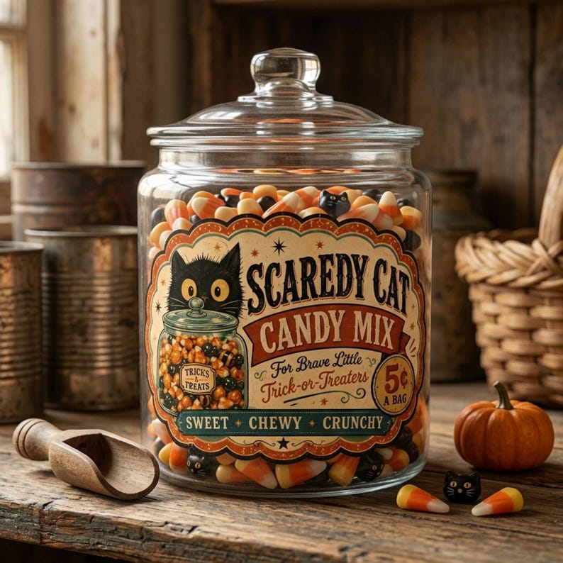 May include: A clear glass jar with a lid filled with candy corn and small black cat candies. The label features a black cat illustration and the text: SCAREDY CAT CANDY MIX, For Brave Little Trick-or-Treaters, 5 cents A BAG, SWEET CHEWY CRUNCHY.