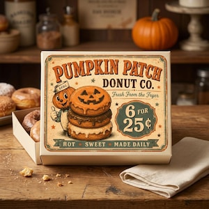 May include: A rectangular cardboard box for Pumpkin Patch Donut Co. featuring a cartoon pumpkin character, a stack of three glazed donuts, and text reading 6 FOR 25 cents, Fresh From the Fryer, HOT, SWEET, MADE DAILY, with donuts visible inside.