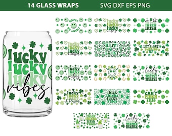 May include: 14 printable designs for glass wraps featuring a variety of green shamrock and clover patterns with text such as "lucky vibes", "thick irish vibes", and "lucky mama".