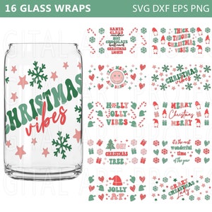 May include: A set of 16 Christmas-themed glass wraps featuring various designs with red, green, and white colors. The designs include phrases like "Christmas Vibes", "Jolly AF", "Crazy Christmas Lady", and "It's the most wonderful time of the year".
