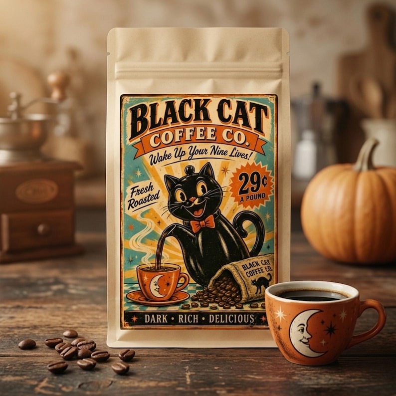 May include: A beige coffee bag featuring a vintage-style label with a black cat pouring coffee from a teapot into a cup. The text reads Black Cat Coffee Co., Wake Up Your Nine Lives!, 29 cents a pound, Fresh Roasted, and Dark, Rich, Delicious.