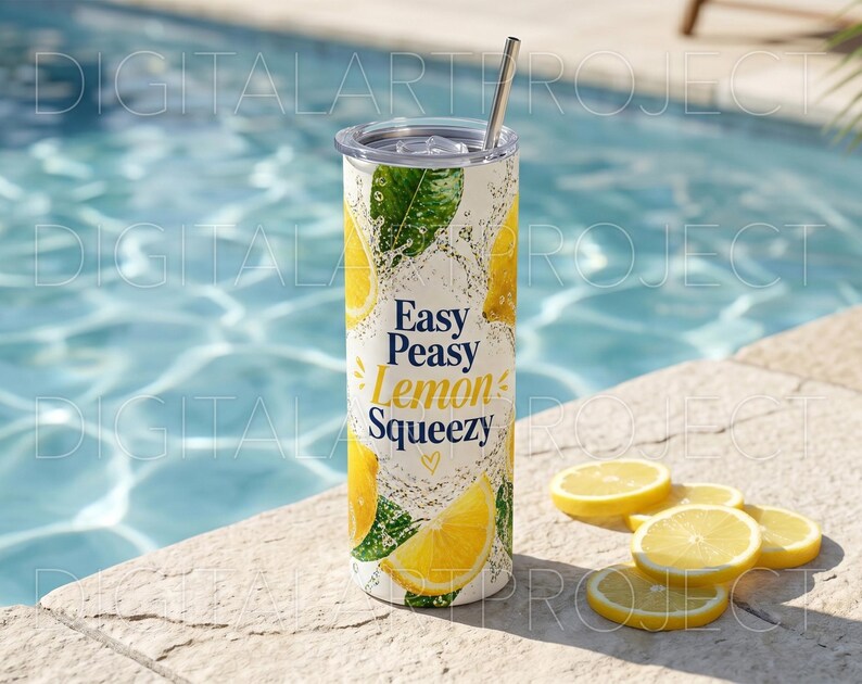 Puede incluir: Un vaso blanco con tapa y pajita plateada, con un dise&ntilde;o de limones, hojas verdes y gotas de agua. El texto "Easy Peasy Lemon Squeezy" est&aacute; en el vaso. Varias rodajas de lim&oacute;n est&aacute;n dispuestas junto al vaso.