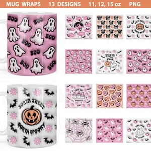 Halloween mok wraps PNG bundel, herfst wrap PNG, schattige Halloween PNG, Halloween mok volledige wrap, roze Halloween mok wrap, Halloween sublimatie