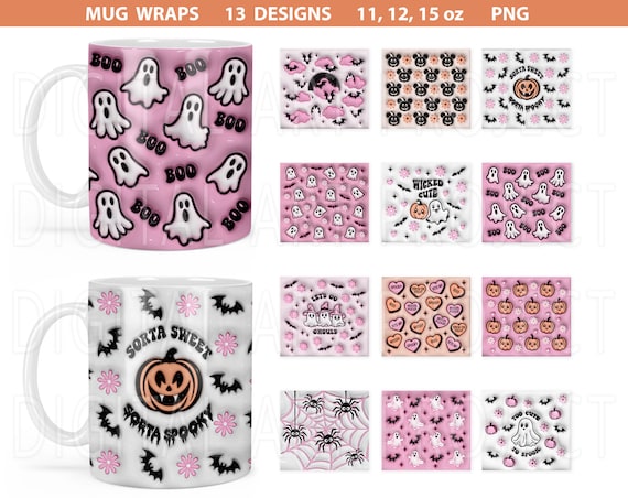 Halloween Mug Wraps PNG Bundle, Fall Wrap PNG, Cute Halloween PNG, Halloween Mug Full Wrap, Pink Halloween Mug Wrap, Halloween Sublimation