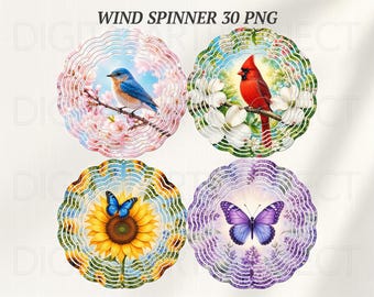 Wind Spinner PNG Bundle, Butterfly Hummingbird Cardinal PNG, Sublimation Designs, Floral Garden Spinner Files, Wind Spinner Sublimation