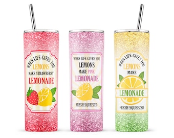 Wenn das Leben Ihnen Zitronen gibt, machen Sie Limonade-Sublimationsdesign, machen Sie Limonade 20oz Skinny Tumbler, Zitronenetikett, rosa Limonadenbecher