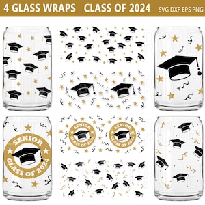 May include: Four glass wraps featuring a graduation cap design. The wraps include a design with a graduation cap and stars, a design with a graduation cap and confetti, a design with a graduation cap and the text "Senior Class of 2024", and a design with a graduation cap and the text "Class of 2024".