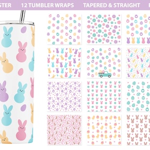 Peut inclure: Douze designs imprimables pour des emballages de gobelets de Pâques. Les motifs présentent des couleurs pastel et des motifs de lapins, d'œufs et de fleurs. Les motifs sont étiquetés "Conique et droit" et "PNG".