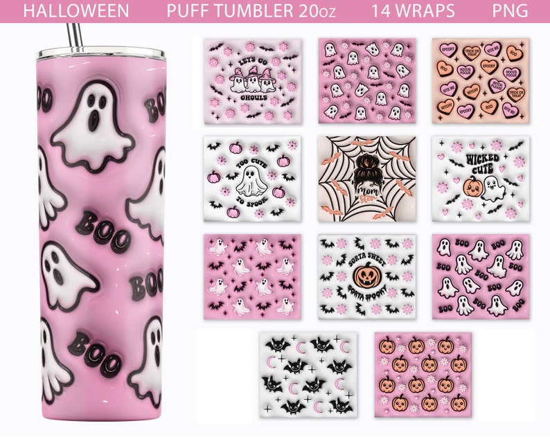 May include: A set of 14 printable wraps for a 20 ounce pink tumbler featuring a variety of Halloween themed designs. The designs include ghosts, bats, pumpkins, and the words "Boo" and "Wicked Cute".