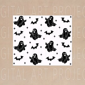 May include: A white background with a repeating pattern of black ghosts, bats, and stars. The ghosts have smiling faces and flowing bodies. The bats are in flight, and the stars are small and scattered.