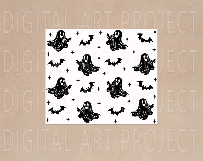 May include: A white background with a repeating pattern of black ghosts, bats, and stars. The ghosts have smiling faces and flowing bodies. The bats are in flight, and the stars are small and scattered.