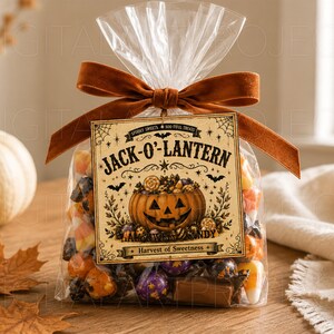 May include: A clear plastic treat bag filled with assorted candies, tied with a burnt orange velvet ribbon. A square tag features a jack-o'-lantern illustration, bats, spiderwebs, and the text: JACK-O'-LANTERN, SPOOKY SWEETS, BOO-TIFUL TREATS.