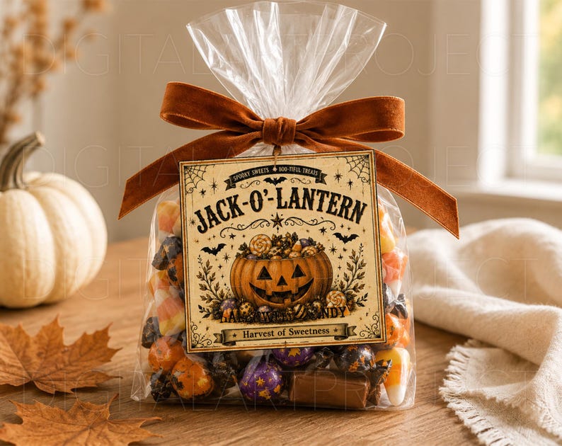 May include: A clear plastic treat bag filled with assorted candies, tied with a burnt orange velvet ribbon. A square tag features a jack-o'-lantern illustration, bats, spiderwebs, and the text: JACK-O'-LANTERN, SPOOKY SWEETS, BOO-TIFUL TREATS.
