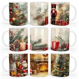 May include: Set of 8 white ceramic mugs with Christmas themed designs. The designs include a snowman, a nutcracker, a Christmas tree, and a Santa Claus. Each mug has a different design.
