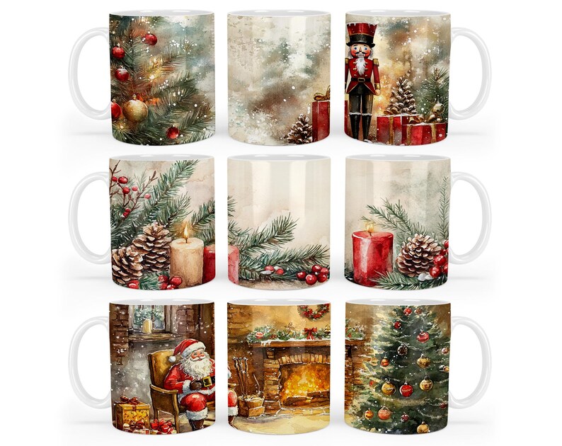 May include: Set of 8 white ceramic mugs with Christmas themed designs. The designs include a snowman, a nutcracker, a Christmas tree, and a Santa Claus. Each mug has a different design.