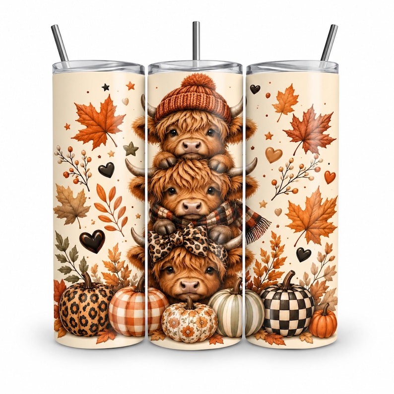 May include: A cylindrical tumbler with a straw featuring a pattern of three stacked Highland cows, one wearing a knit hat, one with a scarf, and one with a leopard print bow. The design includes autumn leaves, hearts, and various patterned pumpkins.