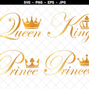 Könnte beinhalten: Vier goldfarbene Kronen mit den Worten "Queen", "King", "Prince" und "Princess" in einer kursivschrift.