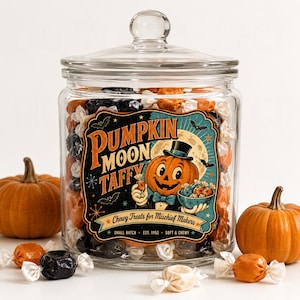 K&ouml;nnte beinhalten: Ein durchsichtiges Glasgef&auml;&szlig; gef&uuml;llt mit orangefarbenen, schwarzen und wei&szlig;en Taffy-Bonbons. Das Etikett zeigt eine K&uuml;rbis-Cartoonfigur mit Zylinder und den Text PUMPKIN MOON TAFFY, Chewy Treats for Mischief Makers, SMALL BATCH, EST. 1952, SOFT & CHEWY.