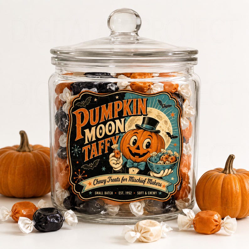 K&ouml;nnte beinhalten: Ein durchsichtiges Glasgef&auml;&szlig; gef&uuml;llt mit orangefarbenen, schwarzen und wei&szlig;en Taffy-Bonbons. Das Etikett zeigt eine K&uuml;rbis-Cartoonfigur mit Zylinder und den Text PUMPKIN MOON TAFFY, Chewy Treats for Mischief Makers, SMALL BATCH, EST. 1952, SOFT & CHEWY.