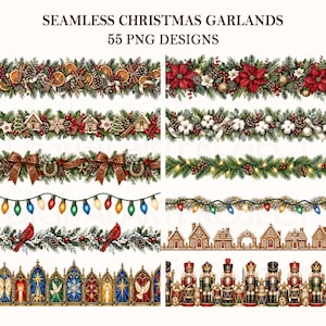 Op de afbeelding: Een collectie van 55 naadloze kerst-slingerontwerpen in PNG-formaat, met diverse feestelijke motieven zoals dennentakken, kerststerren, peperkoekhuisjes, lichtsnoeren, kardinalen en notenkrakers, gerangschikt in horizontale decoratieve randen.