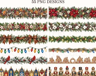 Seamless Christmas Garland PNG Bundle: Watercolor Borders, Evergreen Lights and Vintage Holiday Decorations