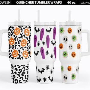May include: Three 40 ounce white tumblers with lids and straws. The tumblers have different Halloween themed designs. One has a pumpkin and leopard print, one has bats and coffins, and one has skulls and eyeballs.