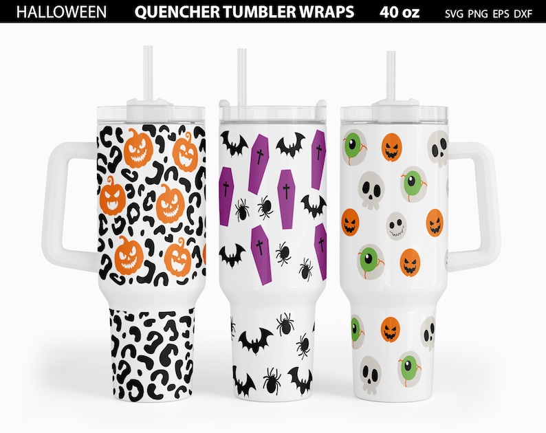 May include: Three 40 ounce white tumblers with lids and straws. The tumblers have different Halloween themed designs. One has a pumpkin and leopard print, one has bats and coffins, and one has skulls and eyeballs.
